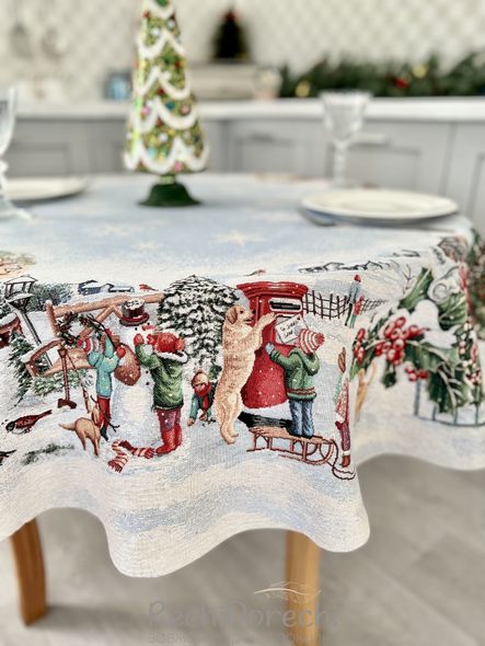 Новорічна кругла скатертина гобеленова «Різдвяні канікули» (Срібний люрекс), Ø140, Кругла