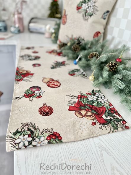 Новогодняя гобеленовая дорожка на стол «Рождественские украшения» (Серебряный люрекс), 37x100, Прямоугольная
