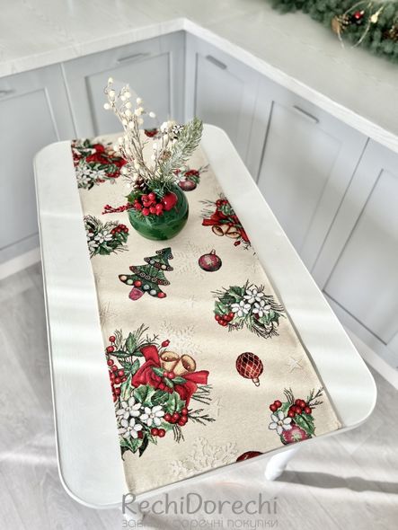 Новорічна гобеленова доріжка на стіл «Різдвяні прикраси» (Срібний люрекс), 37x100, Прямокутна