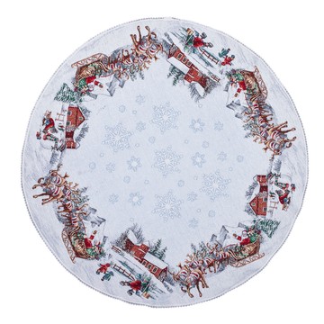 Скатертина кругла гобеленова новорічна "Олені Санти" (срібний люрекс), Ø90, Кругла
