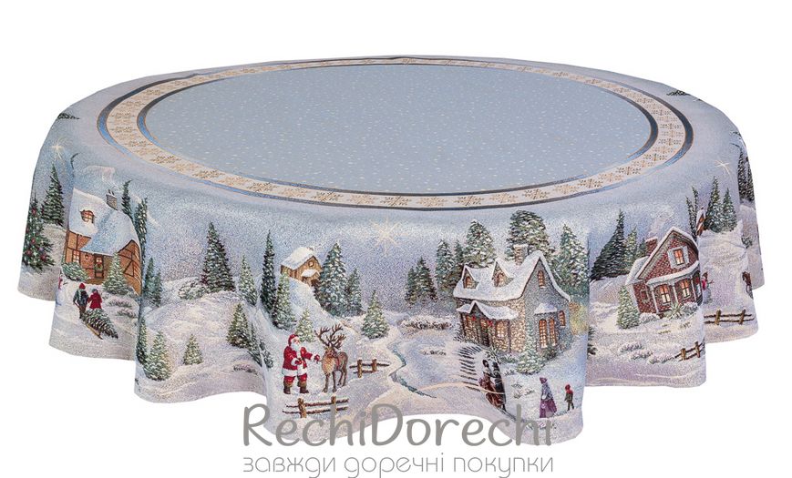 Скатертина новорічна гобеленова кругла "Різдво в Карпатах" (золотий люрекс), Ø160, Кругла
